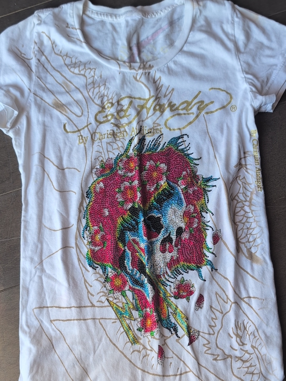 Ed Hardy Women's White Rhinestone Skull Floral Tee